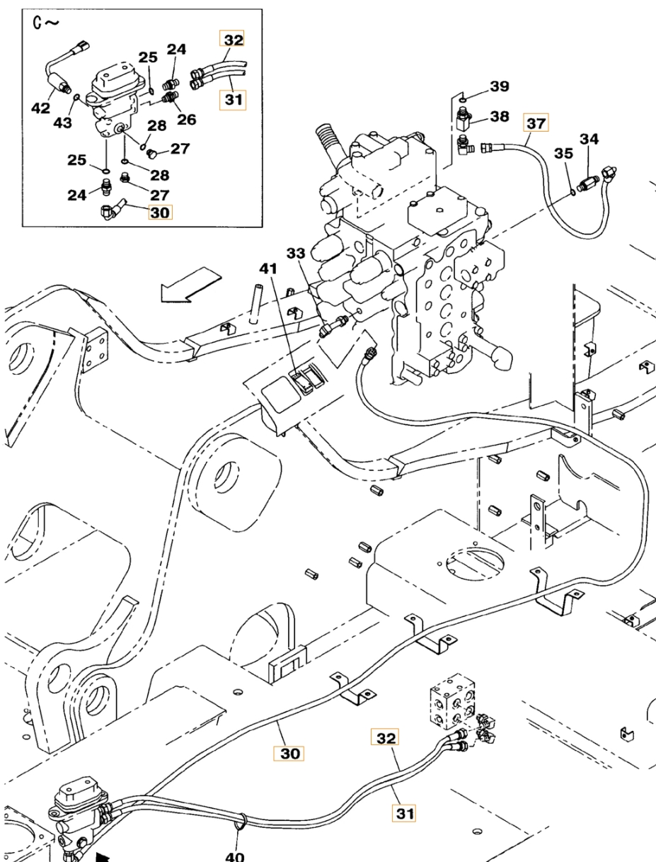Case CX130B installation diagram showing hydraulic hose KHJ2050 at Pipe No. 31