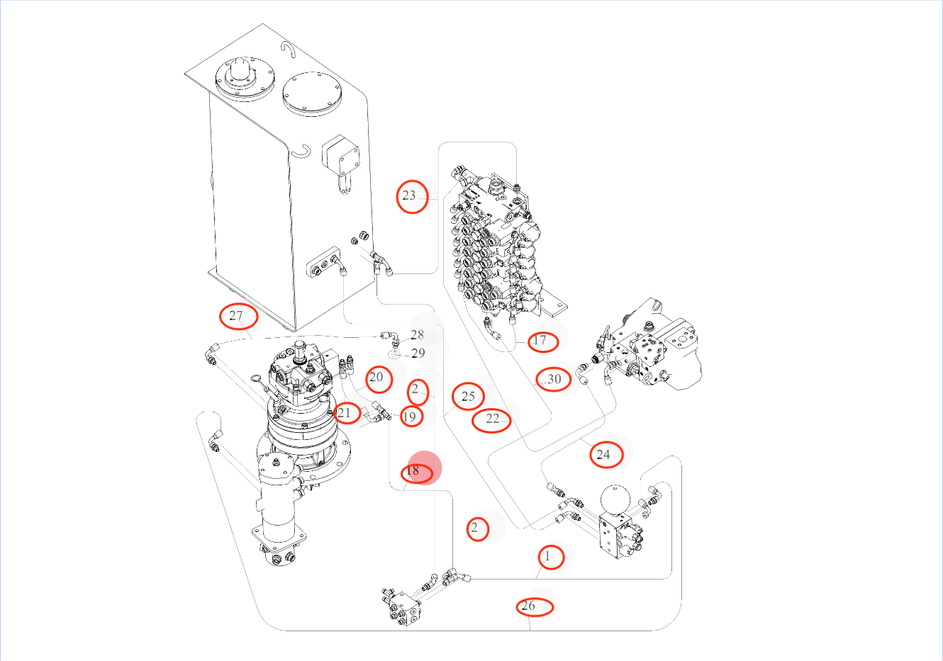Sunward SWE80F-1A installation diagram showing hydraulic hose 73050200B130 at Pipe No. 24