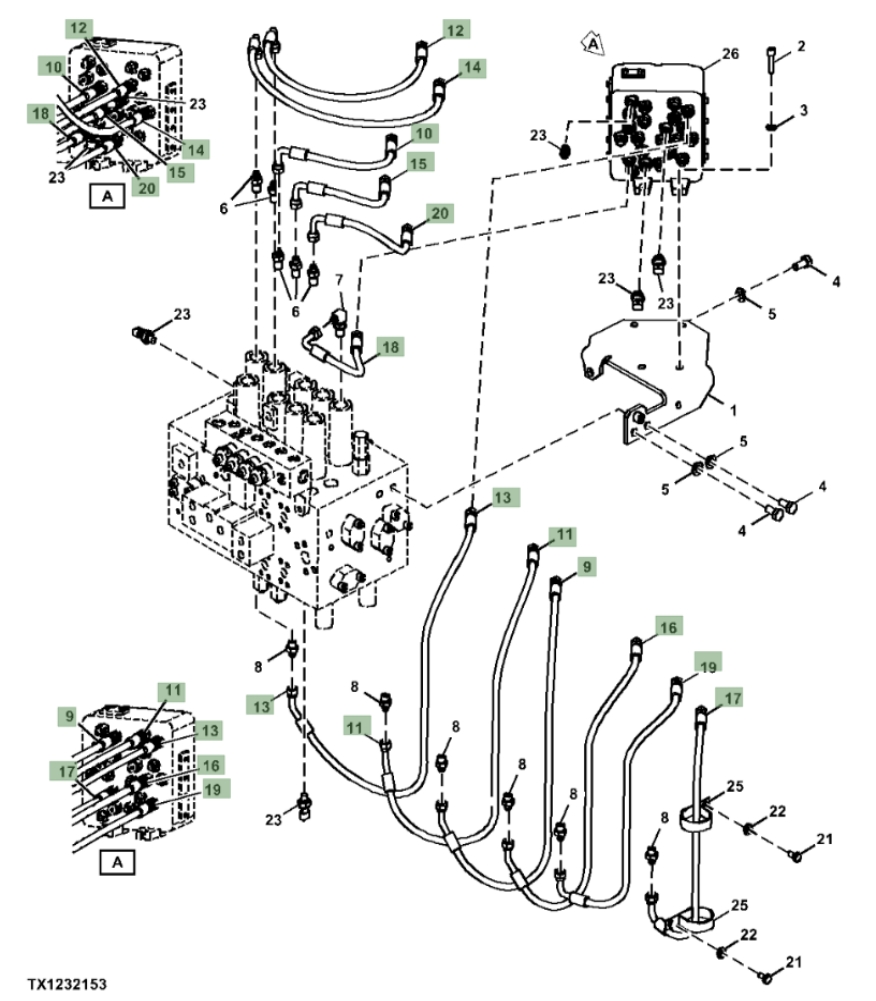 Hitachi ZX370F-FE-6N installation diagram showing hydraulic hose 4630937 at Pipe No. 19