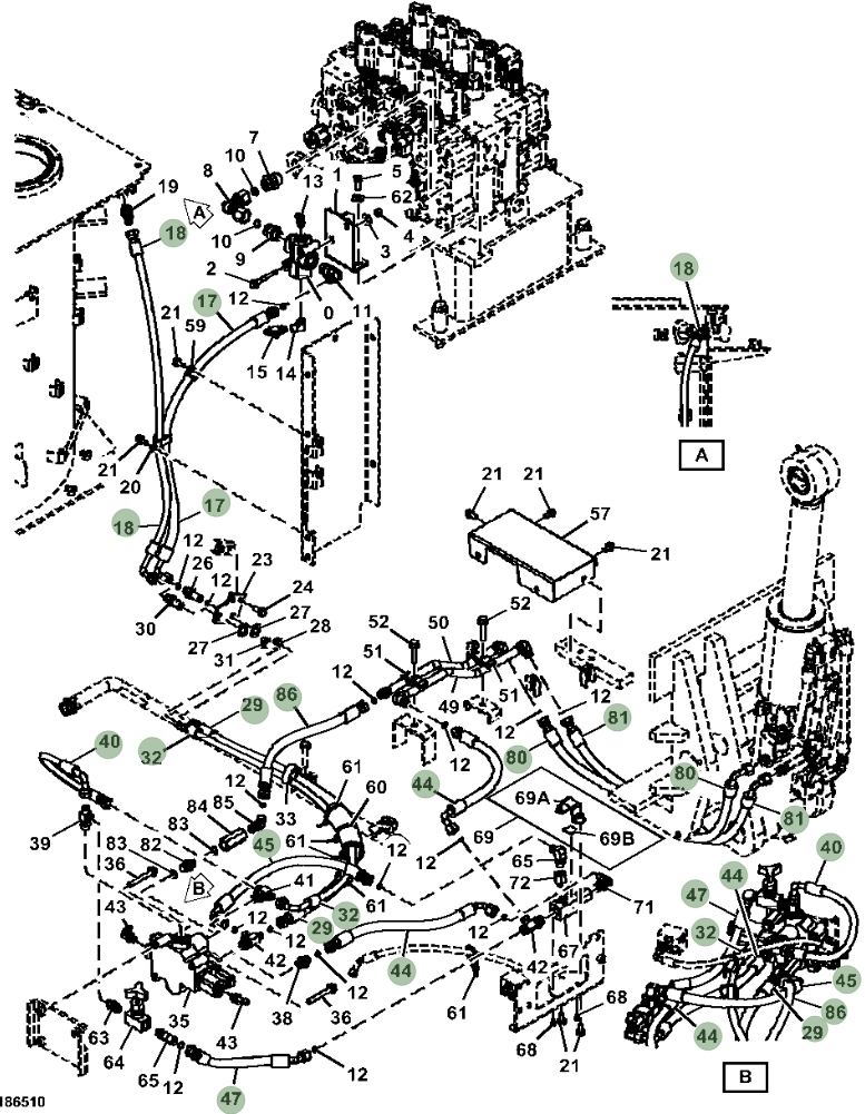 Hitachi ZX470LC-6 installation diagram showing hydraulic hose 4623896 at Pipe No. 80