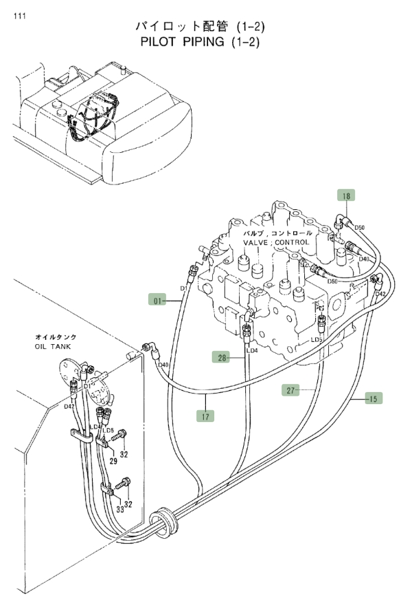 Hitachi EX550LC-5 installation diagram showing hydraulic hose 4367002 at Pipe No. 28