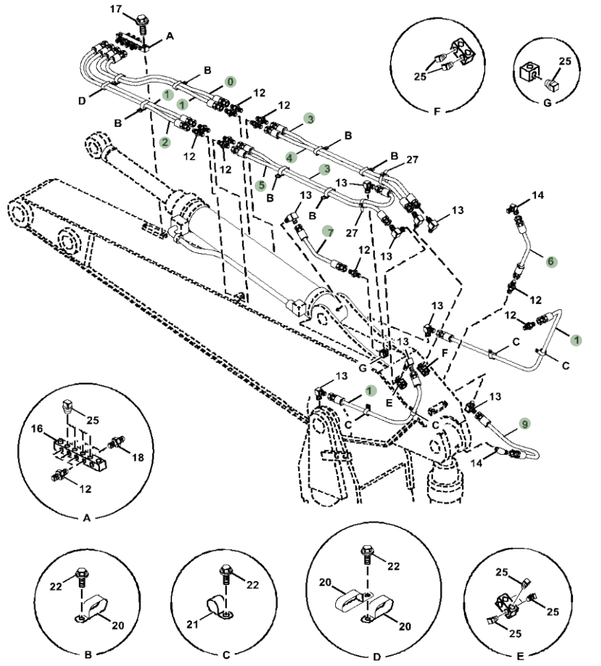 Hitachi ZX470LC-5G installation diagram showing hydraulic hose 4203161 at Pipe No. 7