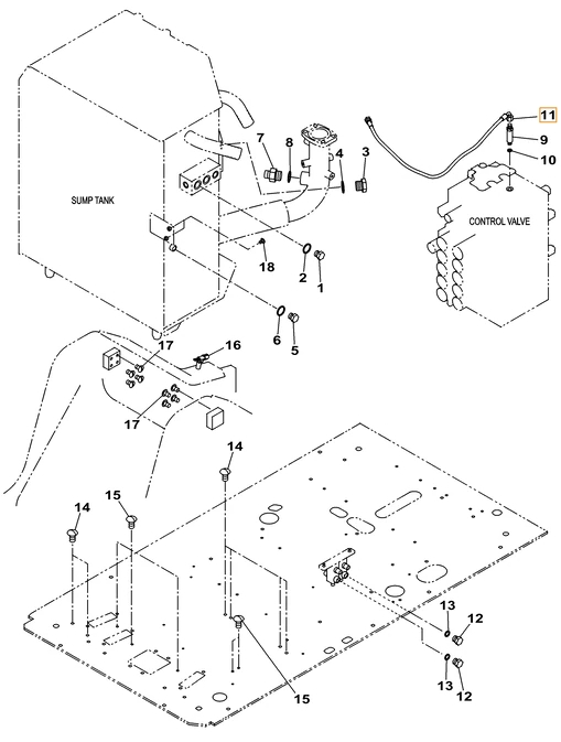 Case CX220C installation diagram showing hydraulic hose KHJ2249 at Pipe No. 11