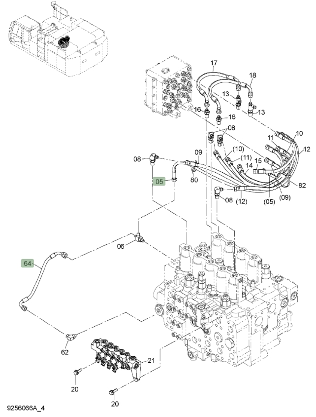 Hitachi ZX650LC-3 installation diagram showing hydraulic hose 4627868 at Pipe No. 64
