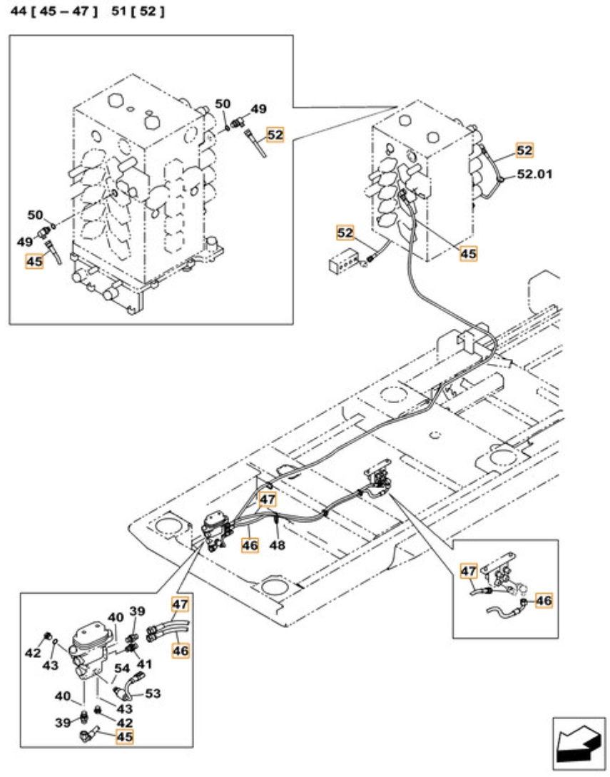 Case CX490C installation diagram showing hydraulic hose KHJ2050 at Pipe No. 47