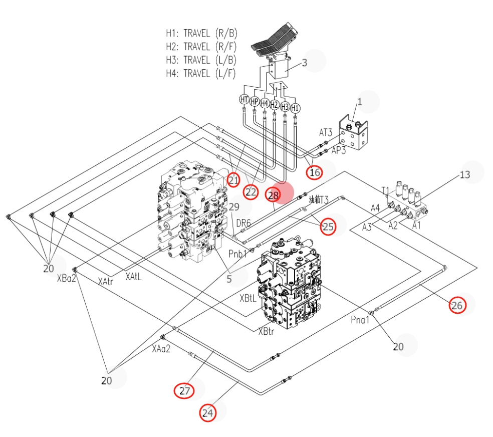 Sunward SWE750F installation diagram showing hydraulic hose 730502000233 at Pipe No. 27