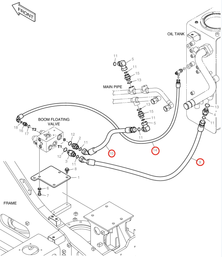 Doosan DX140LC-3 installation diagram showing hydraulic hose DS2121032 at Pipe No. 14