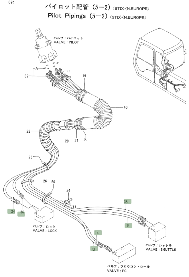 Hitachi EX200LC-2 installation diagram showing hydraulic hose 4287527 at Pipe No. 34