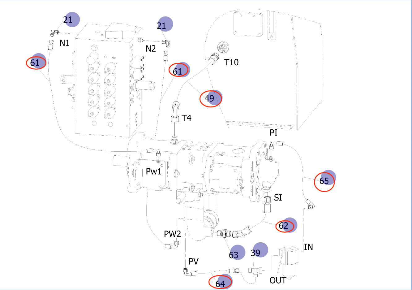 Sunward SWE135E-3H installation diagram showing hydraulic hose 730502001308 at Pipe No. 61