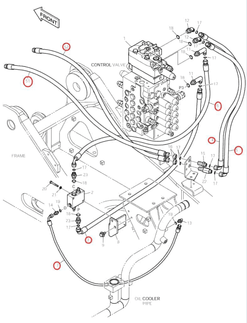 Doosan DX160LC installation diagram showing hydraulic hose DS2093212 at Pipe No. 7