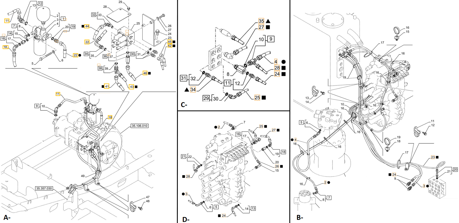 Case CX250E LC installation diagram showing hydraulic hose KHJ2163 at Pipe No. C25-D25