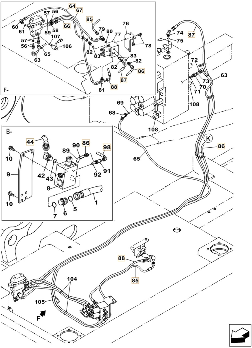 Case CX210C installation diagram showing hydraulic hose KHJ2036 at Pipe No. 85
