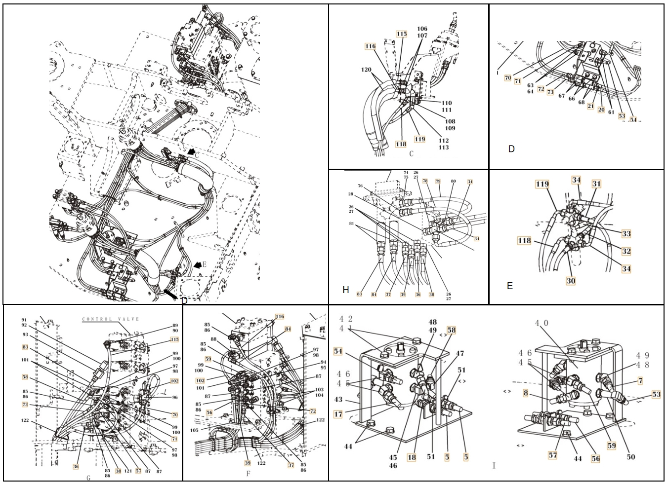 Case CX80 installation diagram showing hydraulic hose KHJ2066 at Pipe No. 57