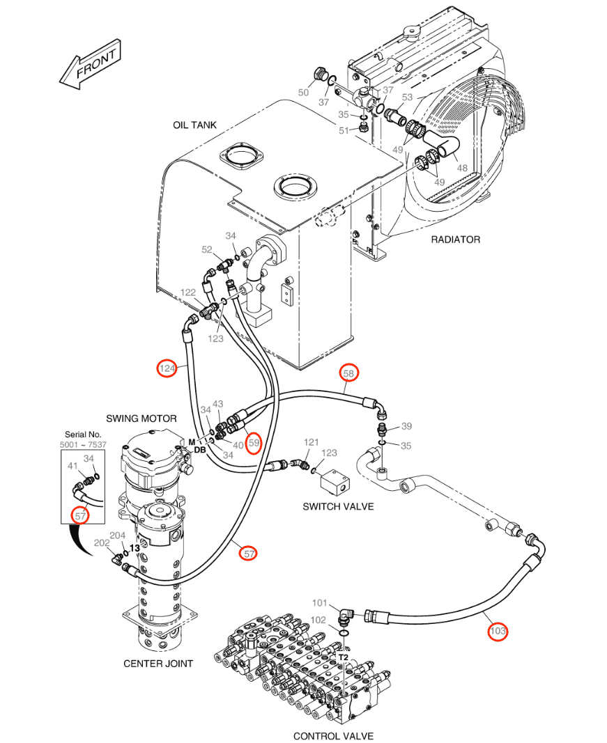 Doosan DX55W installation diagram showing hydraulic hose DS2055576 at Pipe No. 103
