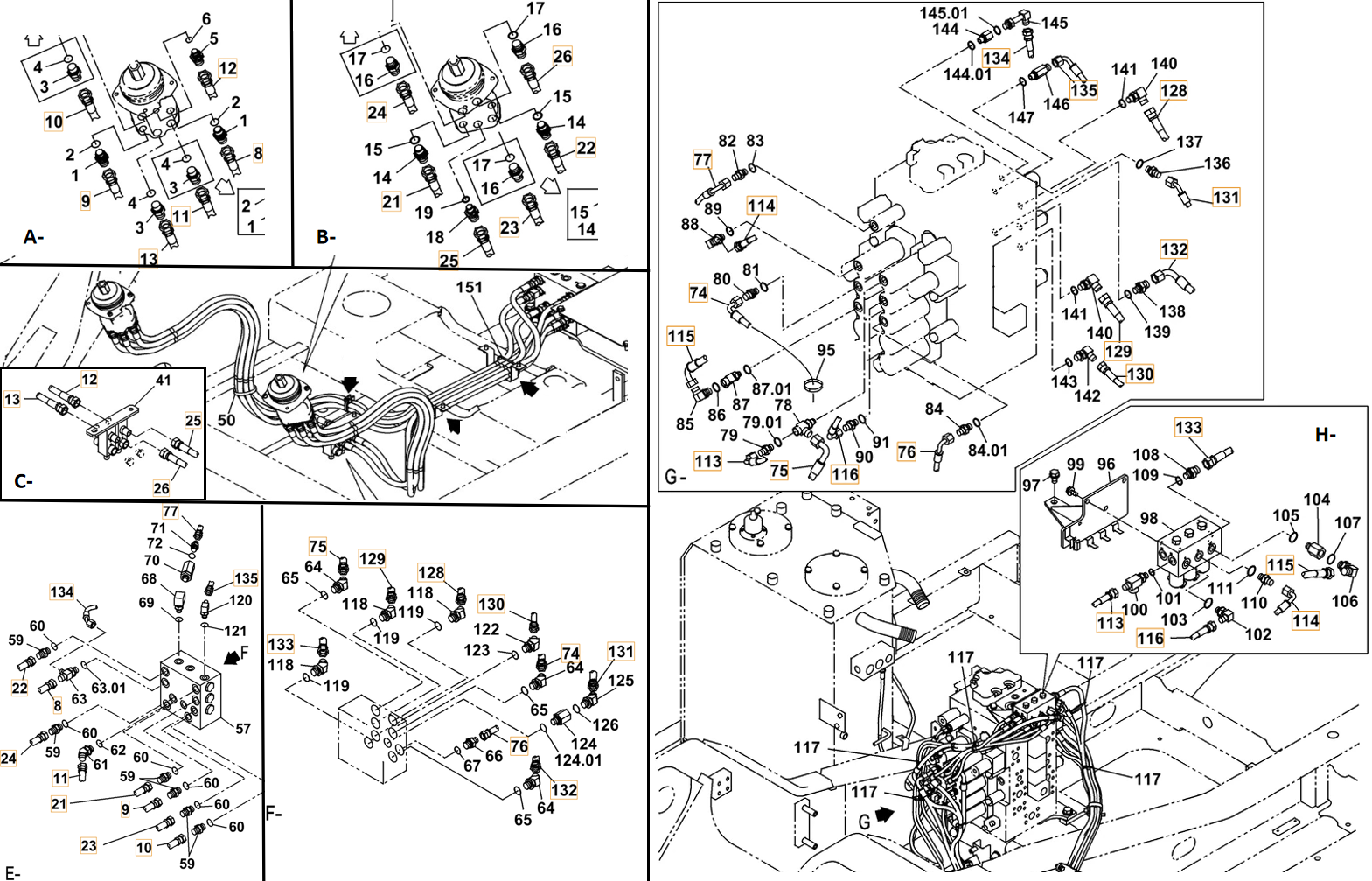 Case CX260C-8 LC installation diagram showing hydraulic hose KHJ11580 at Pipe No. F132-G132