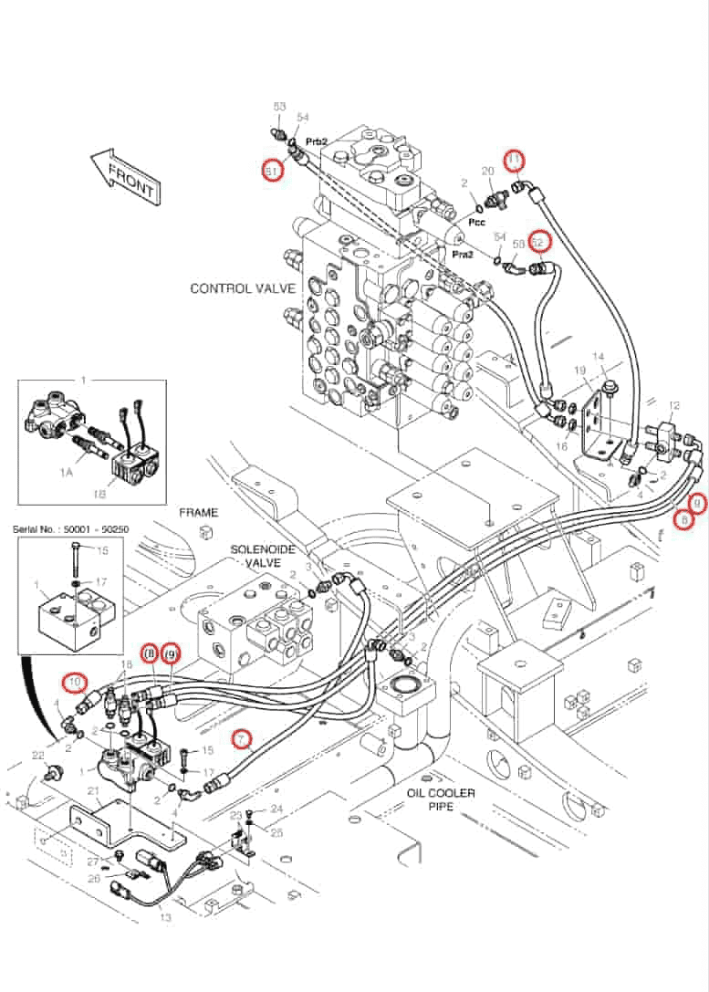 Doosan DX140LC installation diagram showing hydraulic hose DS2093101 at Pipe No. 9