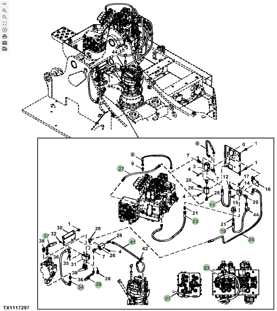 Hitachi ZX135US-5N installation diagram showing hydraulic hose 4669601 at Pipe No. 27