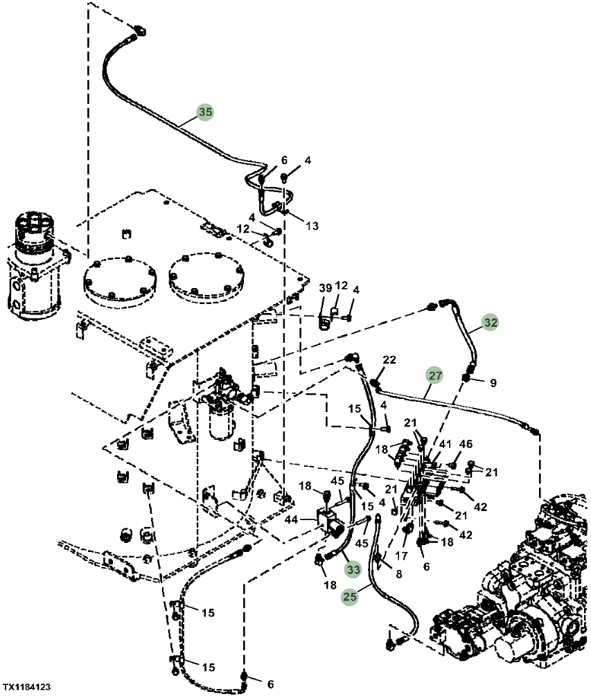 Hitachi ZX470LC-6 installation diagram showing hydraulic hose 4713477 at Pipe No. 32