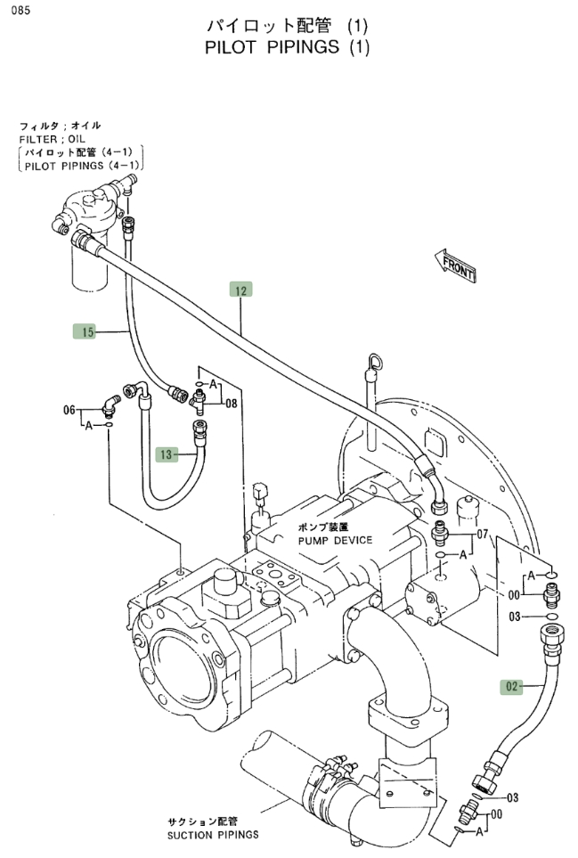 Hitachi EX400LC-3 installation diagram showing hydraulic hose 4308037 at Pipe No. 2