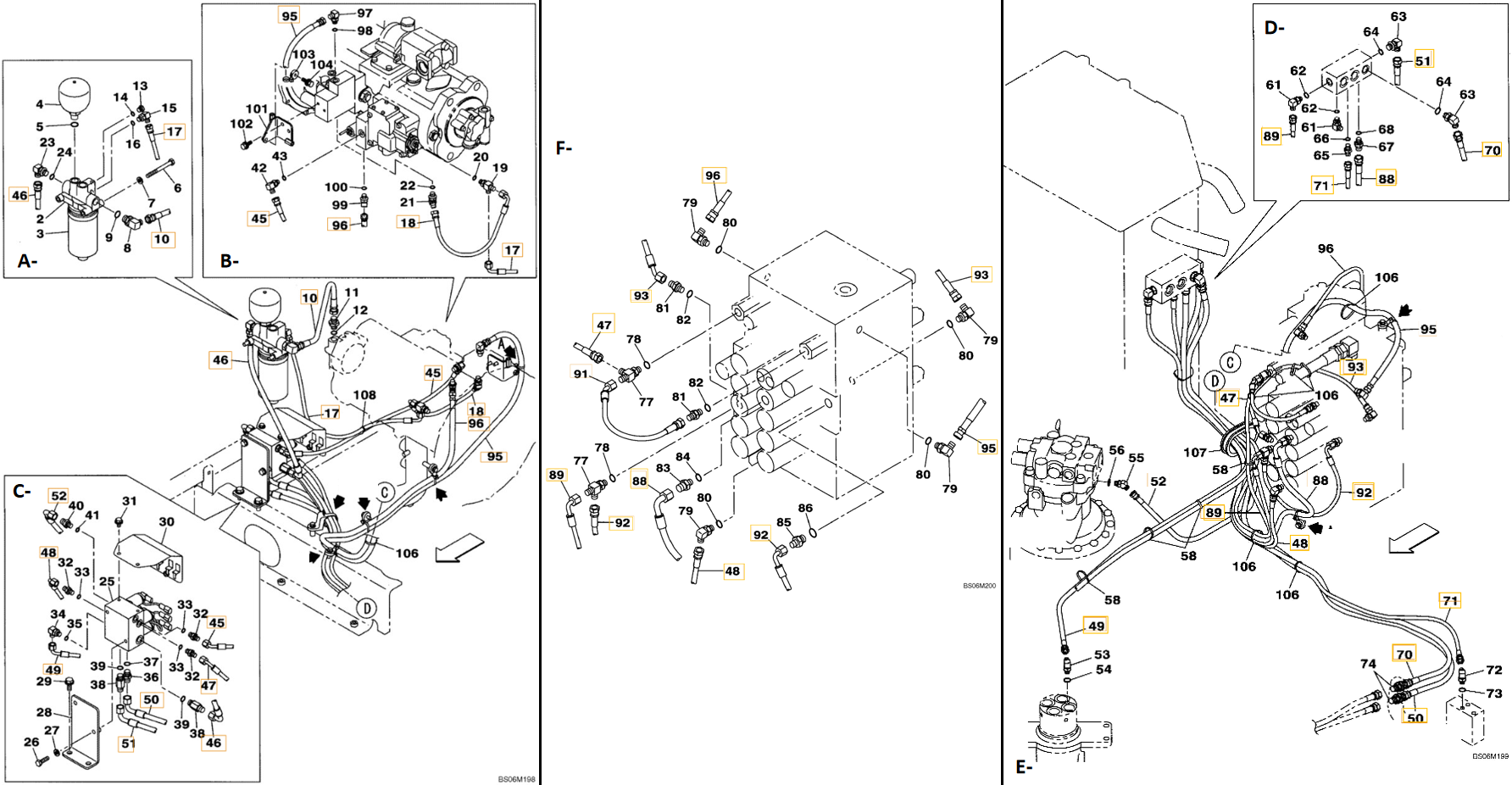 Case CX290B installation diagram showing hydraulic hose KHJ2726 at Pipe No. B96-E96-I96