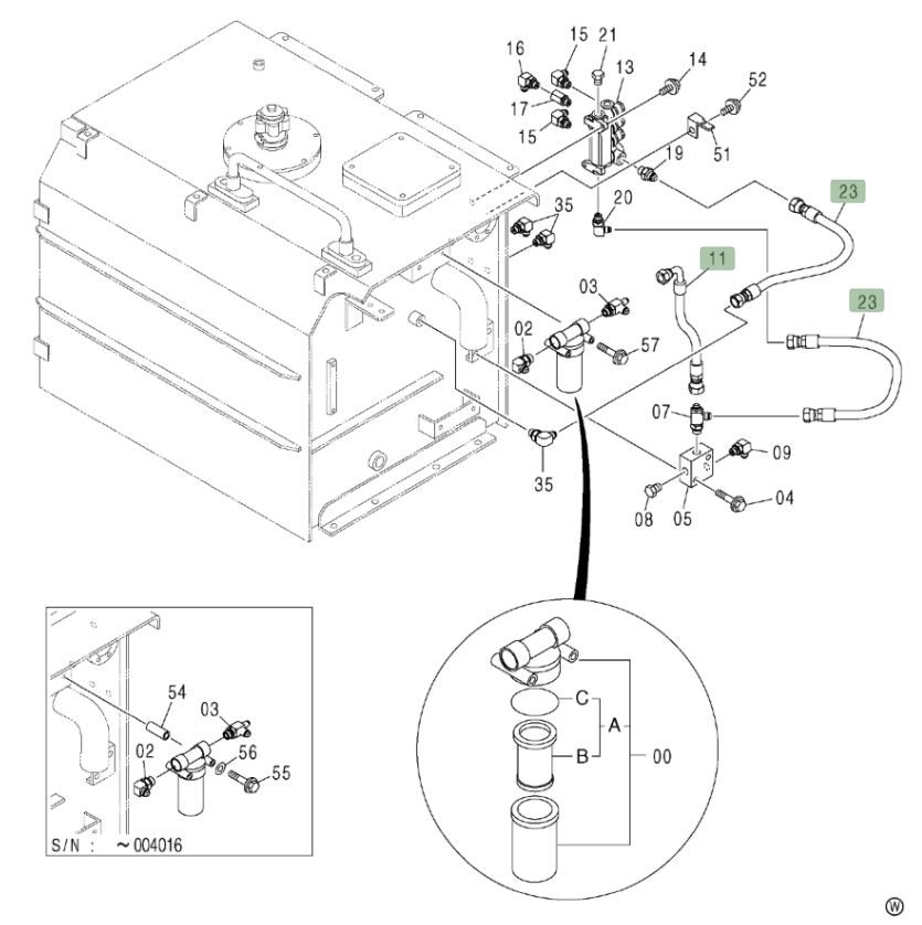 Hitachi ZX600LC installation diagram showing hydraulic hose 4227025 at Pipe No. 23