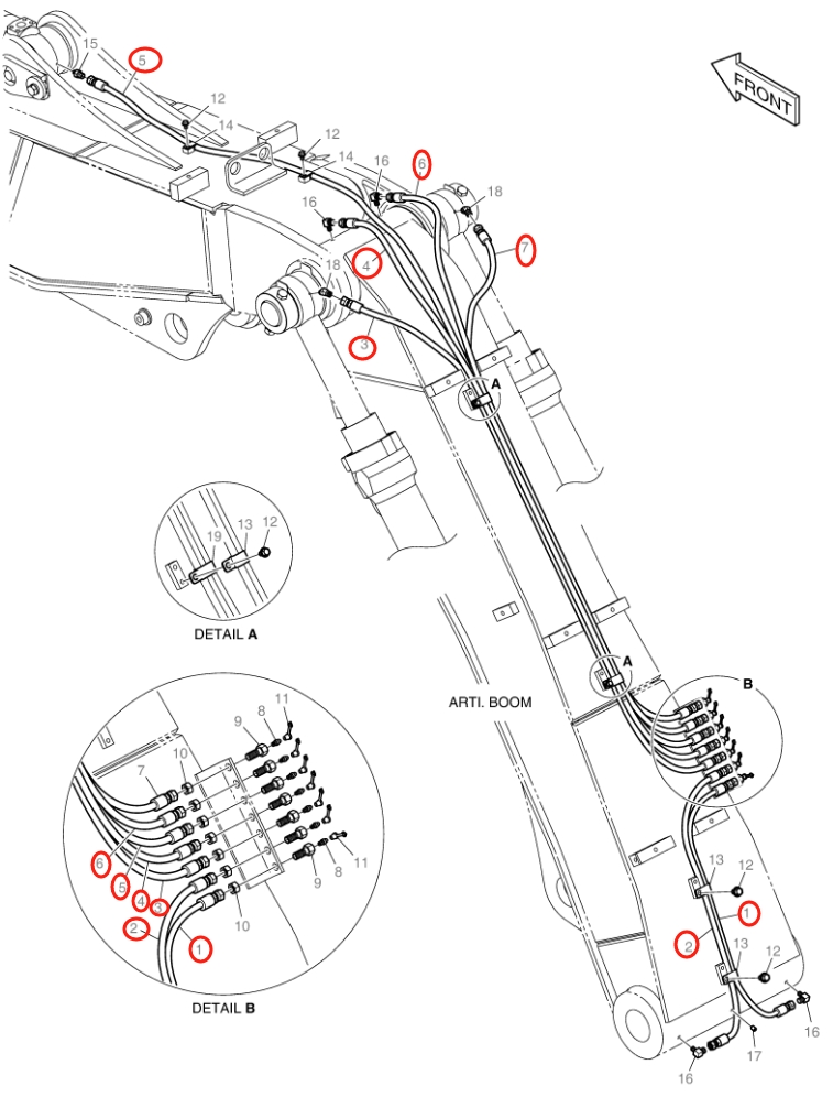 Doosan DX140LC-3 installation diagram showing hydraulic hose 2184-1045D125 at Pipe No. 6