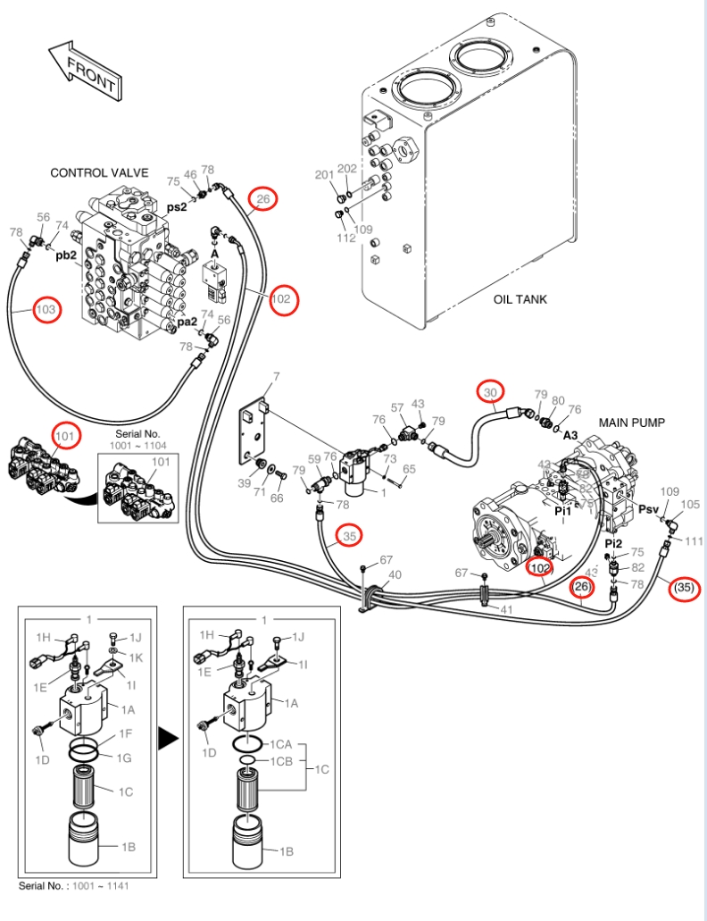 Doosan DX160LC-3 installation diagram showing hydraulic hose DS2119129 at Pipe No. 103