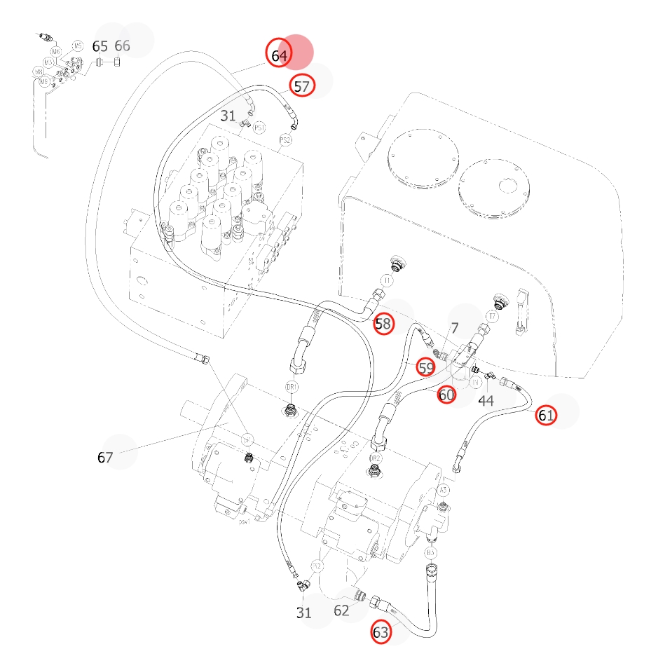 Sunward SWE365-3H installation diagram showing hydraulic hose 730502000388 at Pipe No. 57