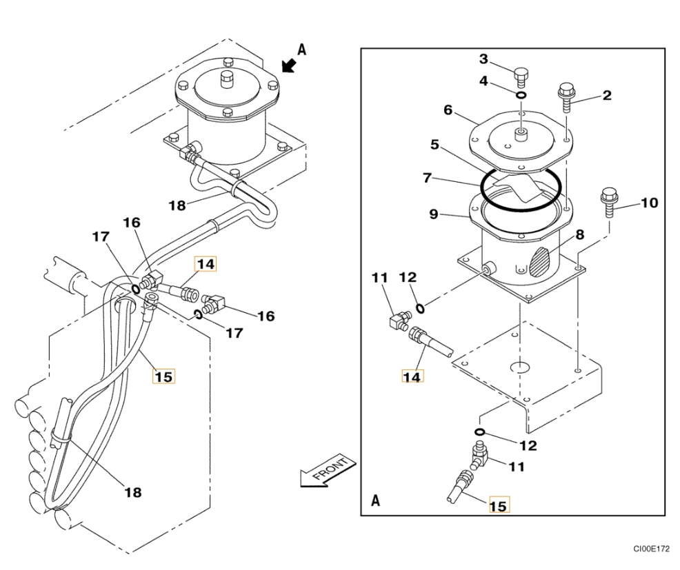 Case CX210N installation diagram showing hydraulic hose 151892A1 at Pipe No. 14