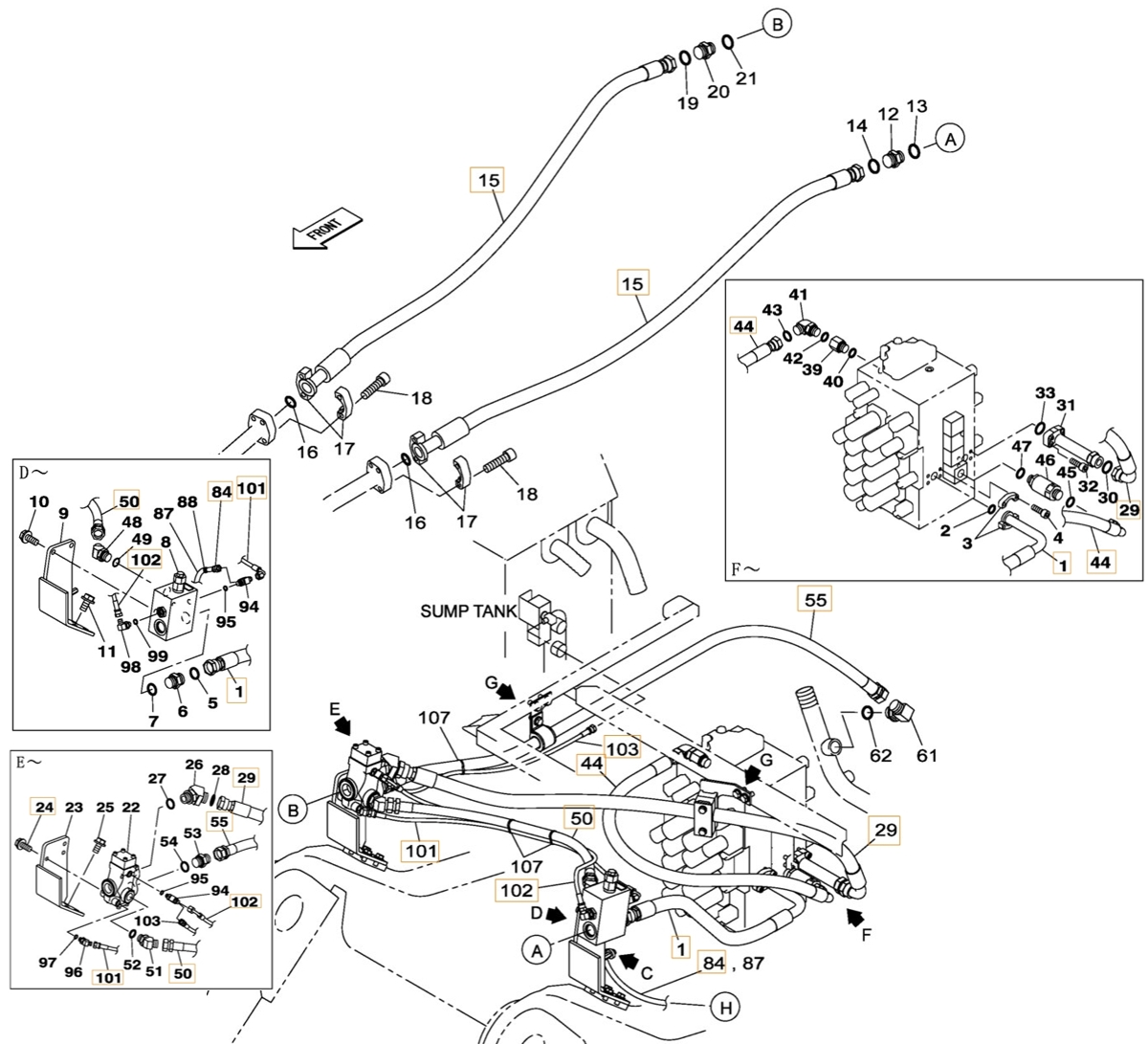 Case CX370B installation diagram showing hydraulic hose KHJ2050 at Pipe No. 103