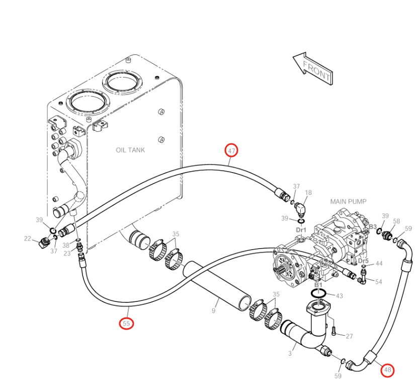 Doosan DX150LC installation diagram showing hydraulic hose DS2023318 at Pipe No. 48