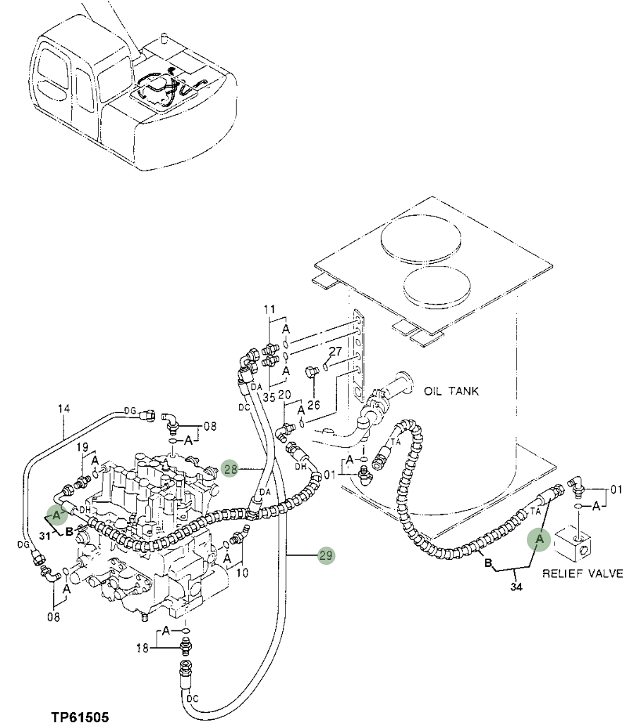 Hitachi EX110-5 installation diagram showing hydraulic hose 4354468 at Pipe No. 31A