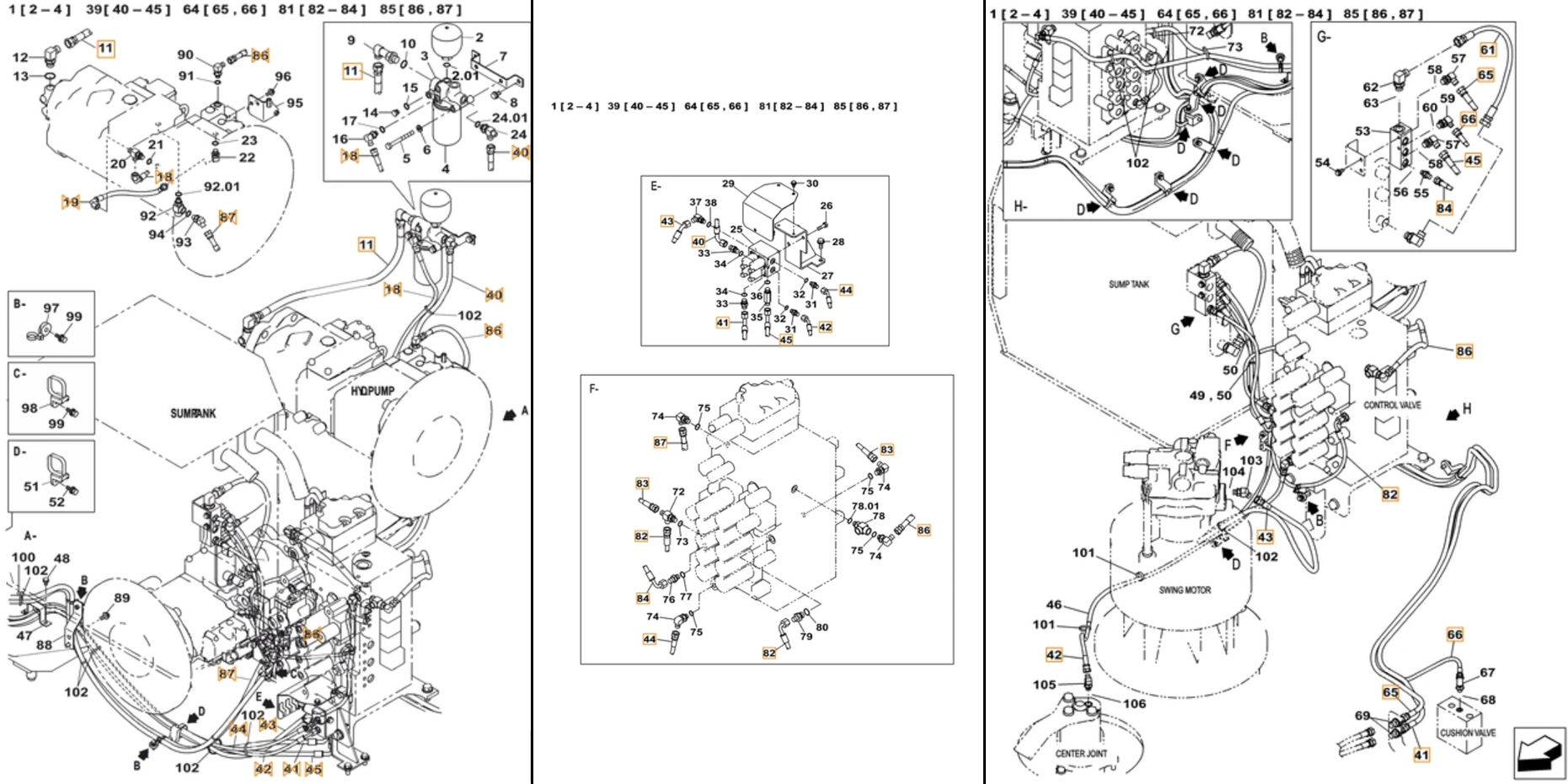Case CX380C LC installation diagram showing hydraulic hose KHJ2194 at Pipe No. 82
