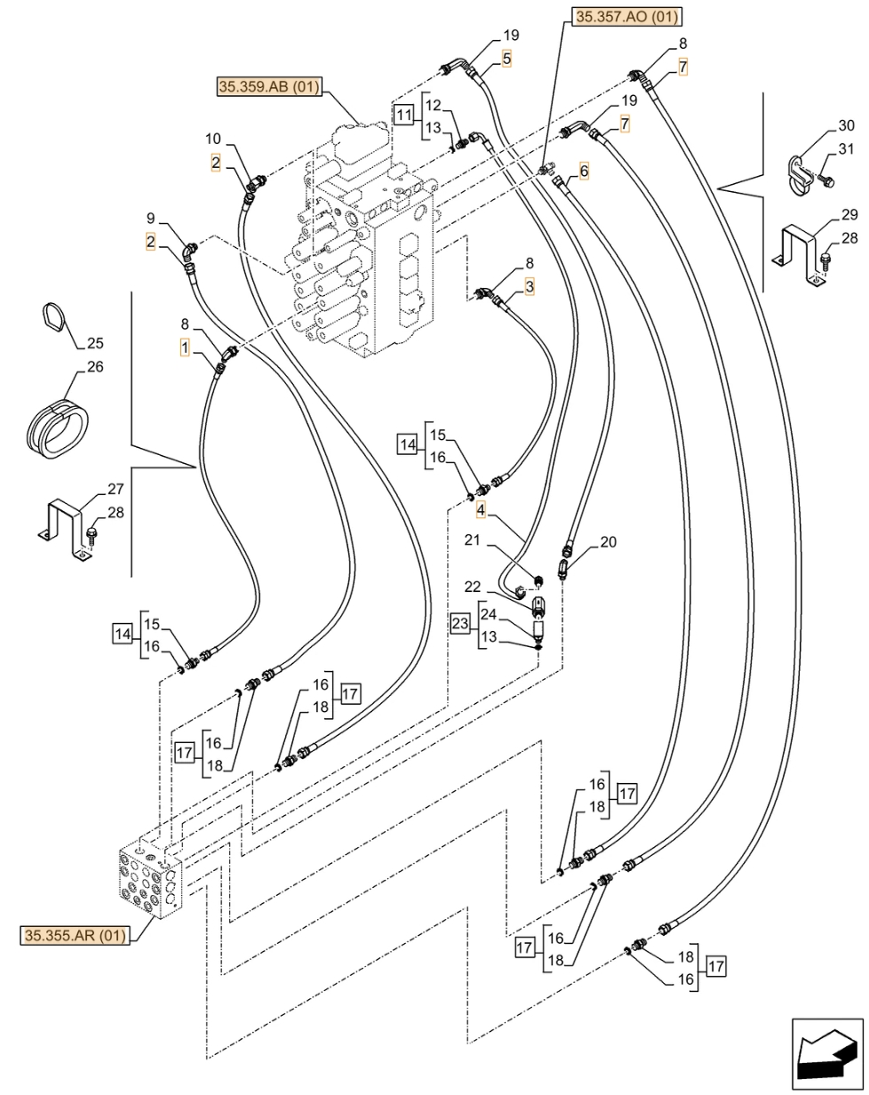 Case CX370D NLC installation diagram showing hydraulic hose KHJ2381 at Pipe No. 2
