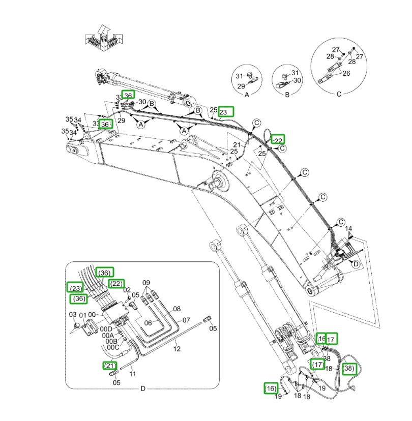 Hitachi ZX160LC-3 installation diagram showing hydraulic hose 4370422 at Pipe No. 38A