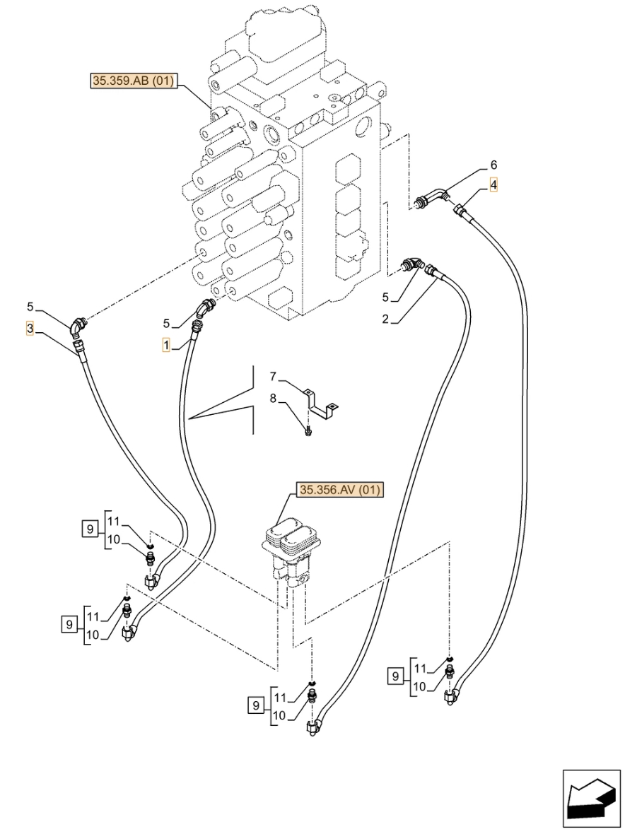 Case CX370D NLC installation diagram showing hydraulic hose KHJ16300 at Pipe No. 4