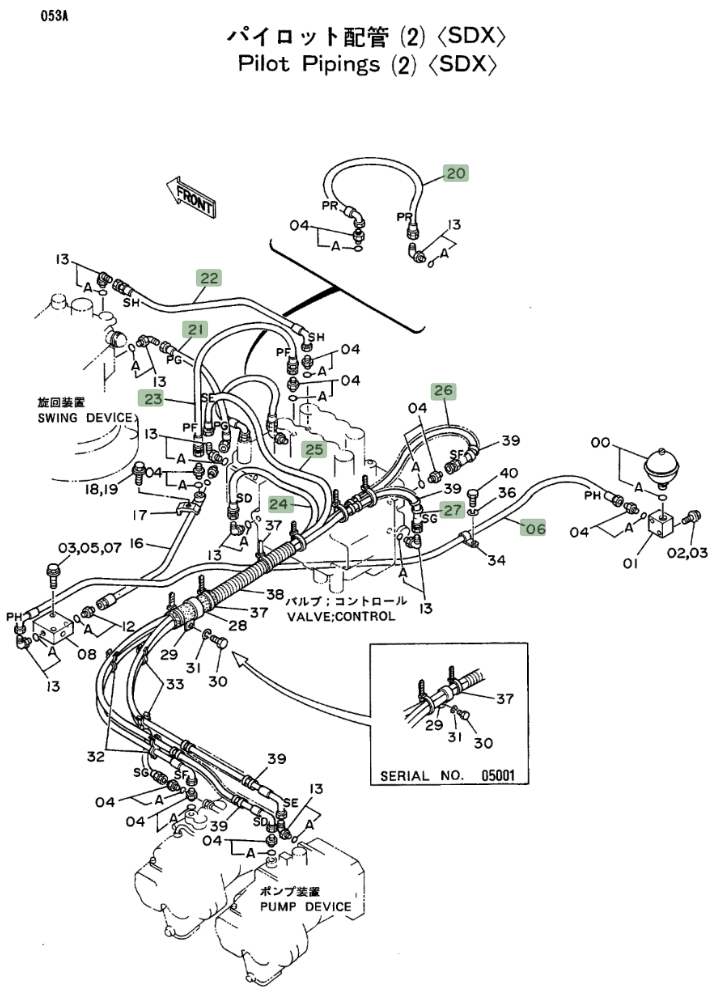 Hitachi EX270LC installation diagram showing hydraulic hose 4225422 at Pipe No. 21
