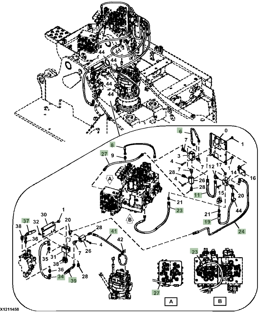 Hitachi ZX135US-6N installation diagram showing hydraulic hose 4669601 at Pipe No. 27