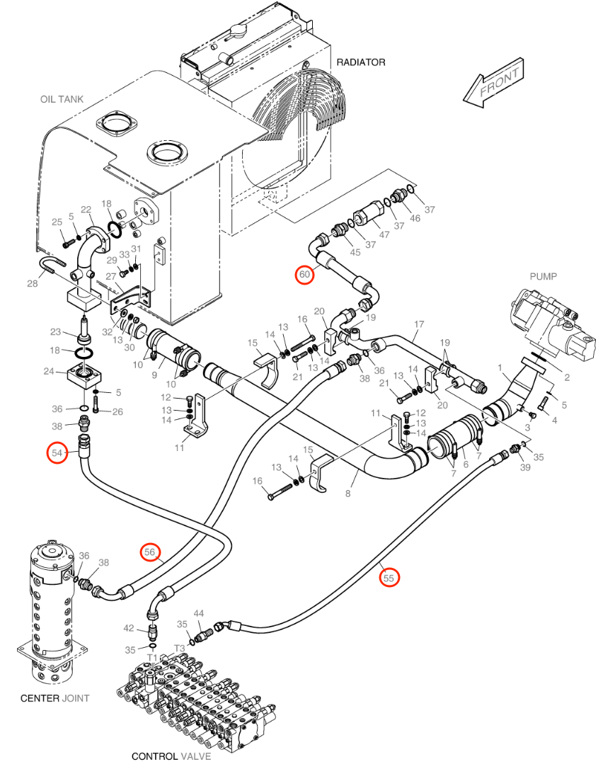 Doosan B55W-2 installation diagram showing hydraulic hose DS20551041 at Pipe No. 56