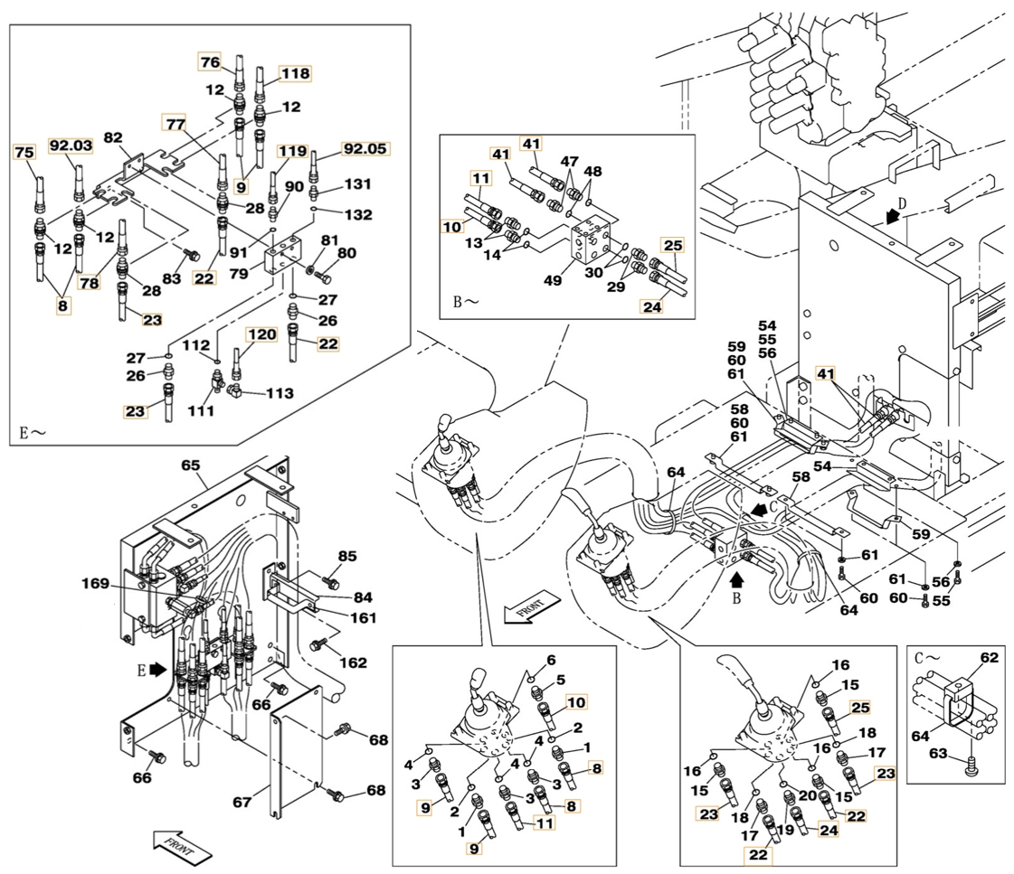 Case CX350 installation diagram showing hydraulic hose KHJ1345 at Pipe No. 22