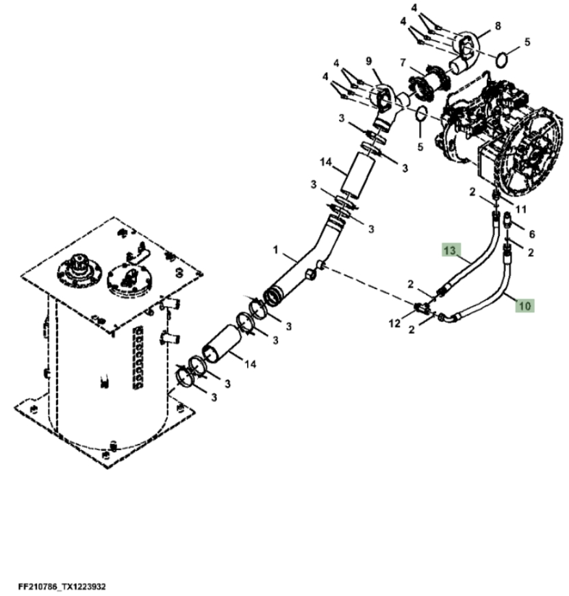 Hitachi ZX370FLC-FE-6N installation diagram showing hydraulic hose 4644625 at Pipe No. 10