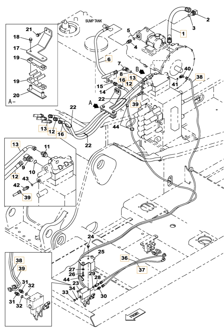 Case CX210C LR installation diagram showing hydraulic hose KHJ2089 at Pipe No. 36