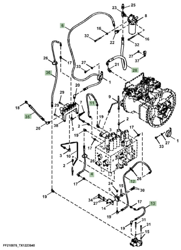 Hitachi ZX370FLC-FE-6N installation diagram showing hydraulic hose 4269832 at Pipe No. 35