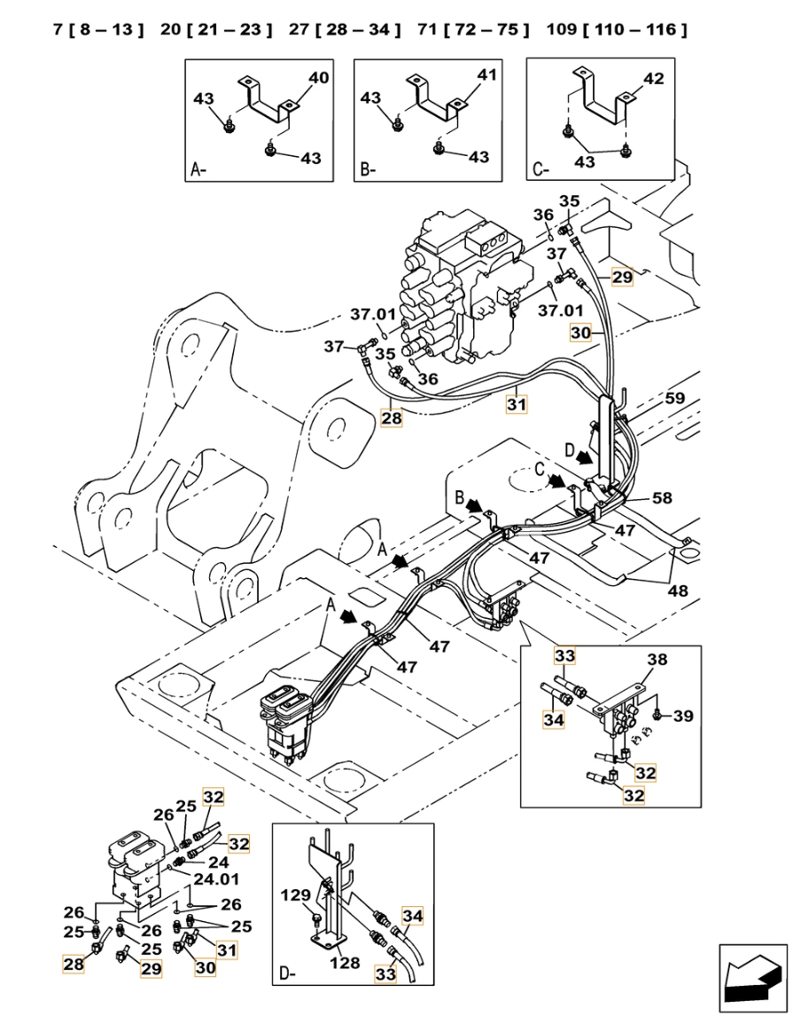 Case CX130C-8 installation diagram showing hydraulic hose KHJ2344 at Pipe No. 30