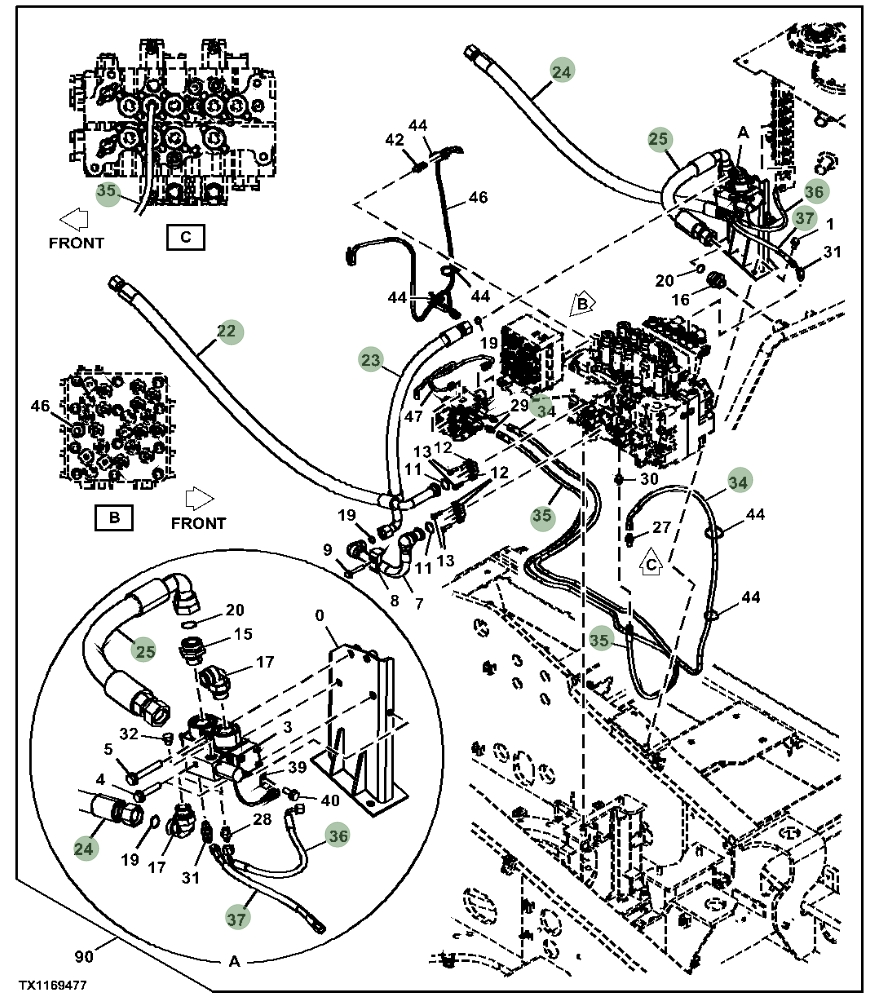 Hitachi ZX230W-5N installation diagram showing hydraulic hose 4672164 at Pipe No. 24