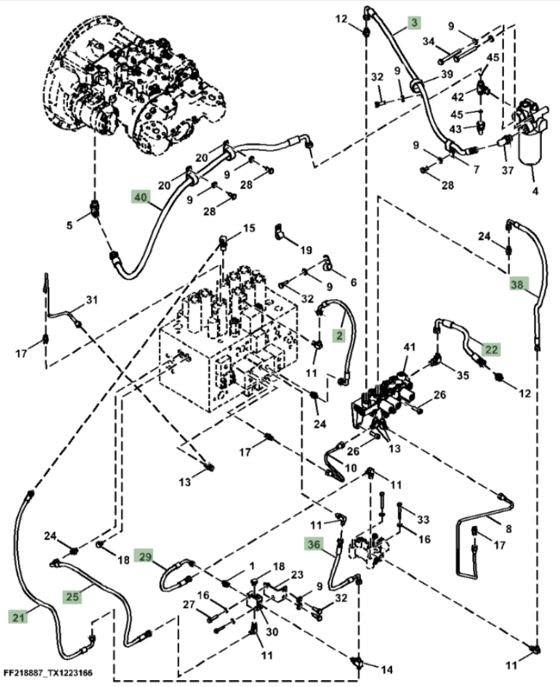 Hitachi ZX210F-FE-6N installation diagram showing hydraulic hose 9290833 at Pipe No. 38