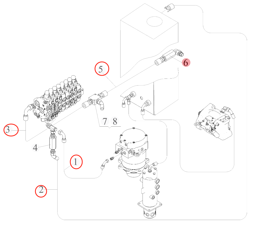 Sunward SWE60F-1 installation diagram showing hydraulic hose 730502002595 at Pipe No. 5