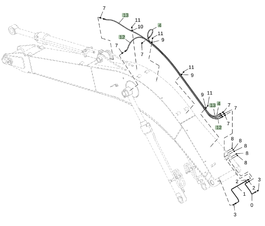 Hitachi ZX210-5N installation diagram showing hydraulic hose 4483563 at Pipe No. 12