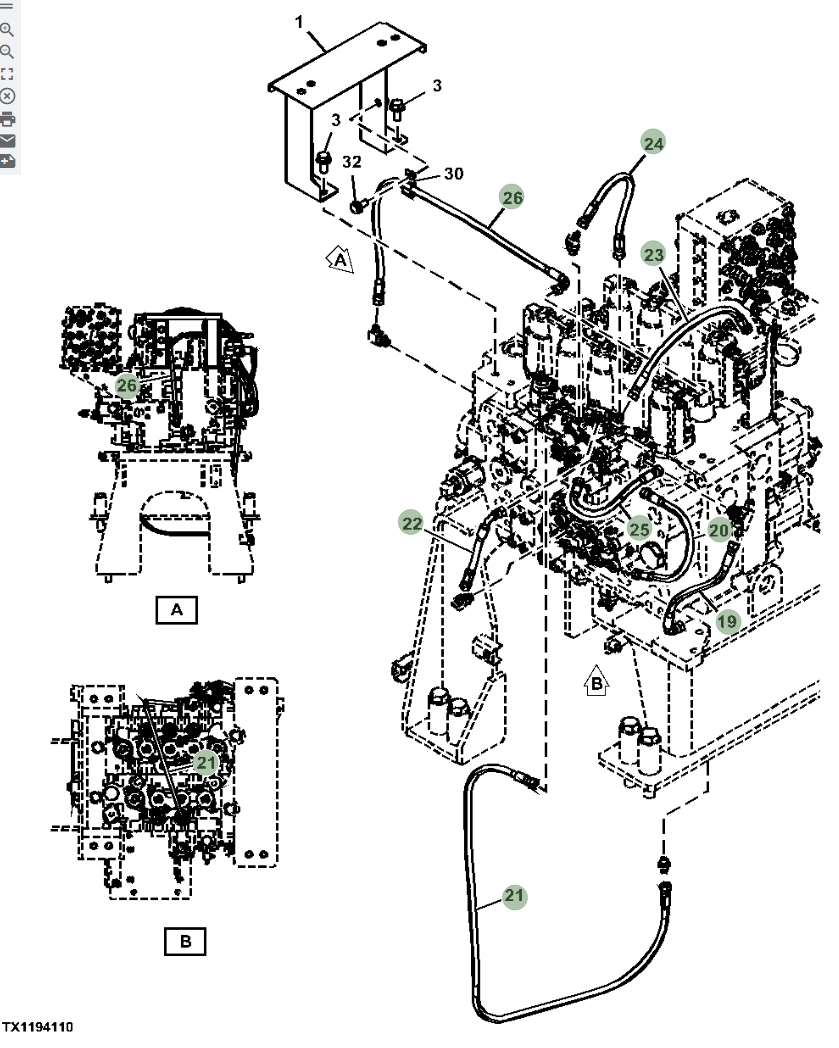 Hitachi ZX670LC-6 installation diagram showing hydraulic hose 4713500 at Pipe No. 19