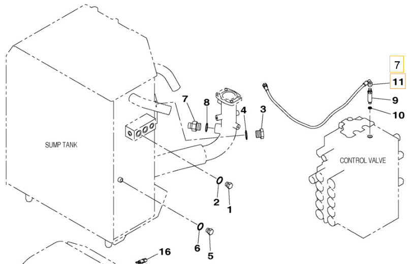 Case CX250C installation diagram showing hydraulic hose KHJ2249 at Pipe No. 7